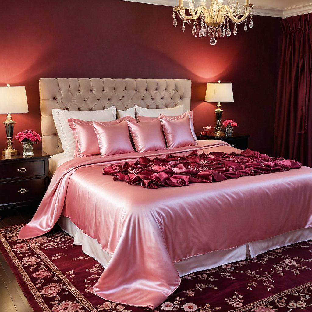 A luxurious and inviting bedroom setting featuring an array of pleasure devices like dildos and vibrators displayed elegantly on a plush satin bedspread. Soft, warm lighting enhances the sensual atmosphere, with floral accents cascading gently in the background. Include a touch of intimacy, hinting at passion and exploration. The color palette should be rich and warm, with deep reds and soft pinks. super-realistic. vibrant colors. intimate ambiance.