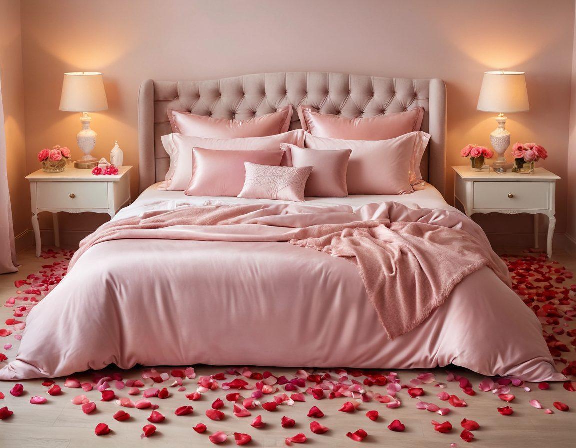 A serene bedroom setting with soft, ambient lighting, showcasing a tasteful selection of adult toys artistically arranged on a satin-covered bed. Gentle rose petals surround the items, while a couple's hands entwined can be seen in the background, symbolizing intimacy and connection. The overall atmosphere radiates warmth and comfort, inviting exploration and joy. Romantic colors palette. soft focus. vibrant colors.