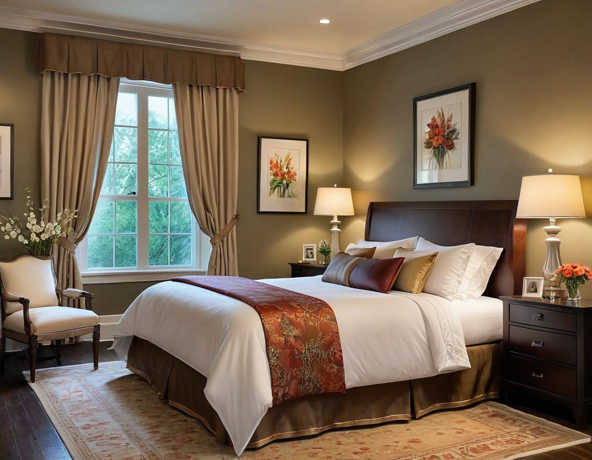 A serene and inviting bedroom setting, featuring a soft, plush bed adorned with luxurious linens, tastefully arranged adult playthings like elegant toys, massage oils, and candles. Warm, ambient lighting creates an intimate atmosphere, complemented by subtle floral arrangements. An open window showing a tranquil view of nature hints at relaxation and exploration. The overall mood is one of joy, intimacy, and discovery. super-realistic. vibrant colors. soft focus.